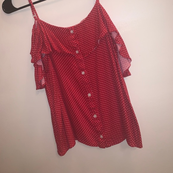 Red polkadot button up exposed shoulder strap top - Picture 5 of 15